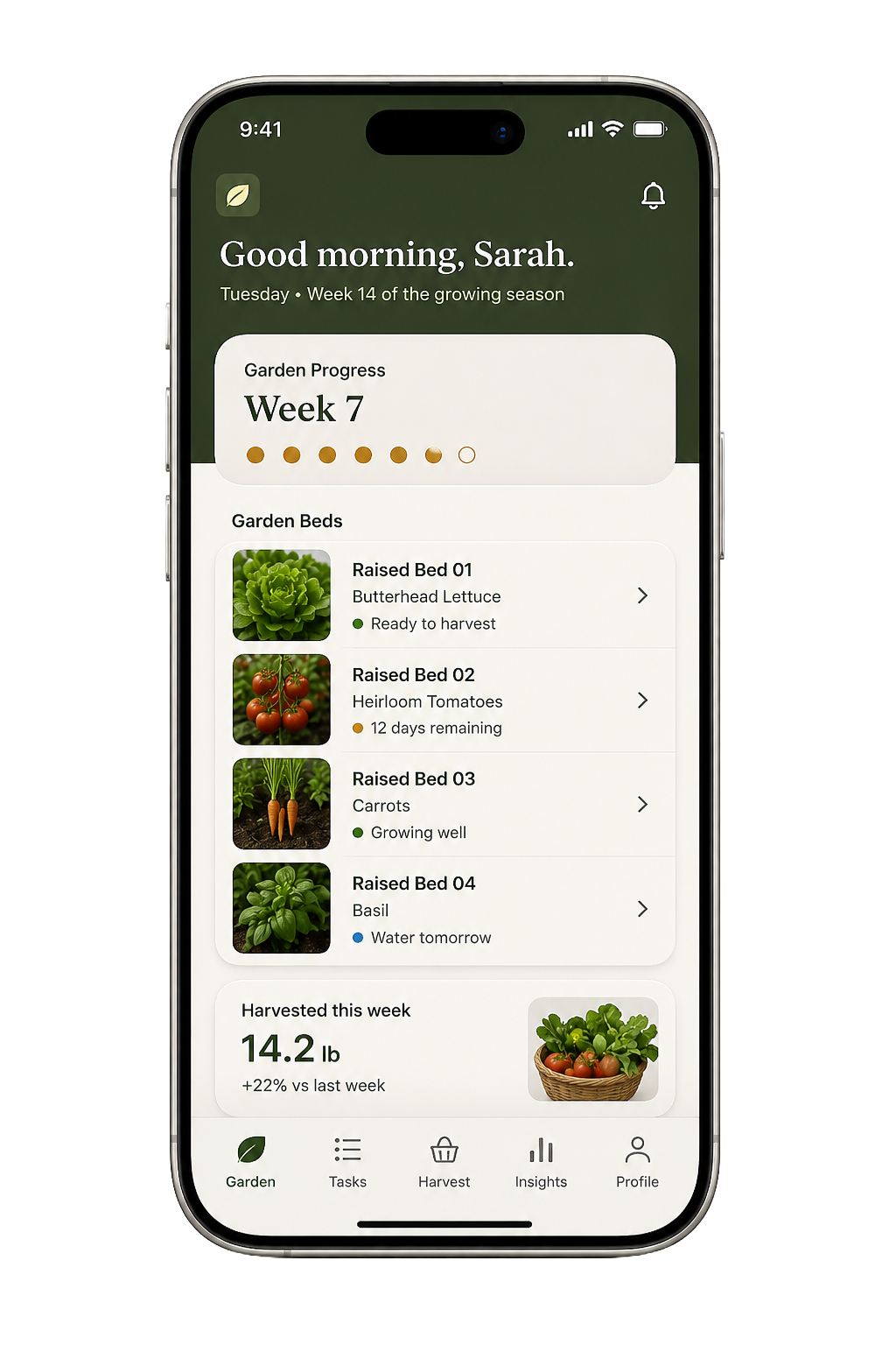 Harvest at Home app dashboard